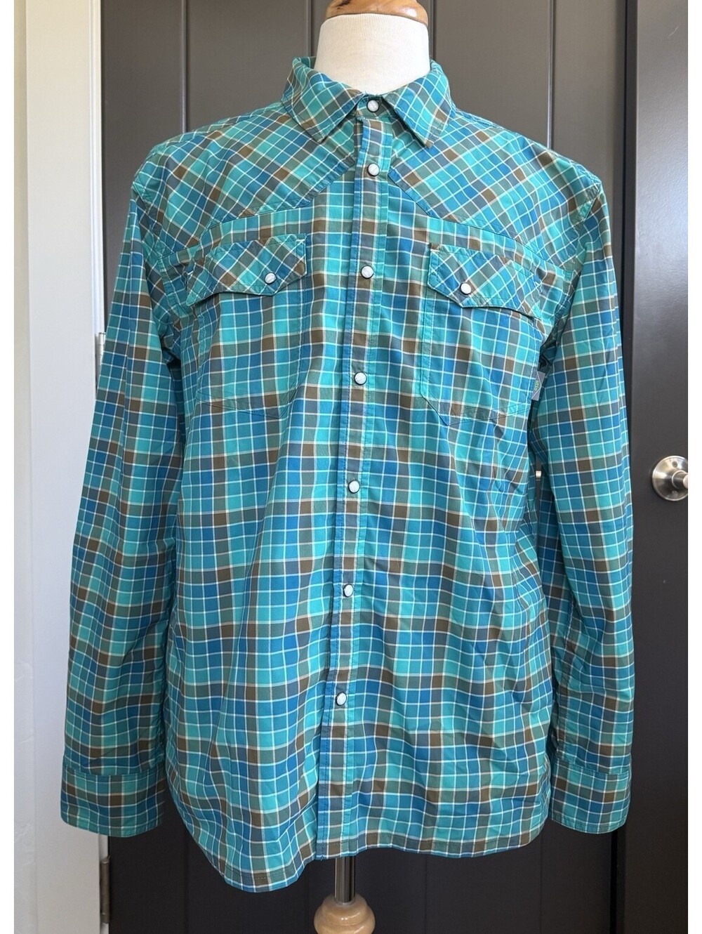 Stio Eddy Shirt Mens Large Green Teal Plaid Pearl Snap Long Sleeve Outdoor